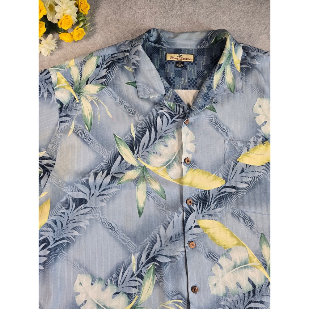 Y2K Tommy Bahama Mens XXL Blue Tropical Silk Button Down Shirt Palm Leaf Vacay